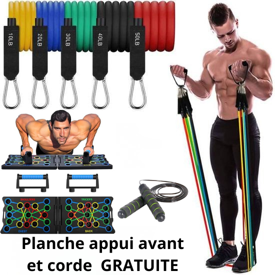 Pack Bande résistance + Planche appui avant + Corde à sauter