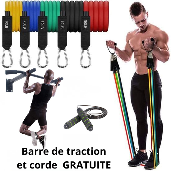 Pack bande de résistance + Barre de traction + Corde à sauter